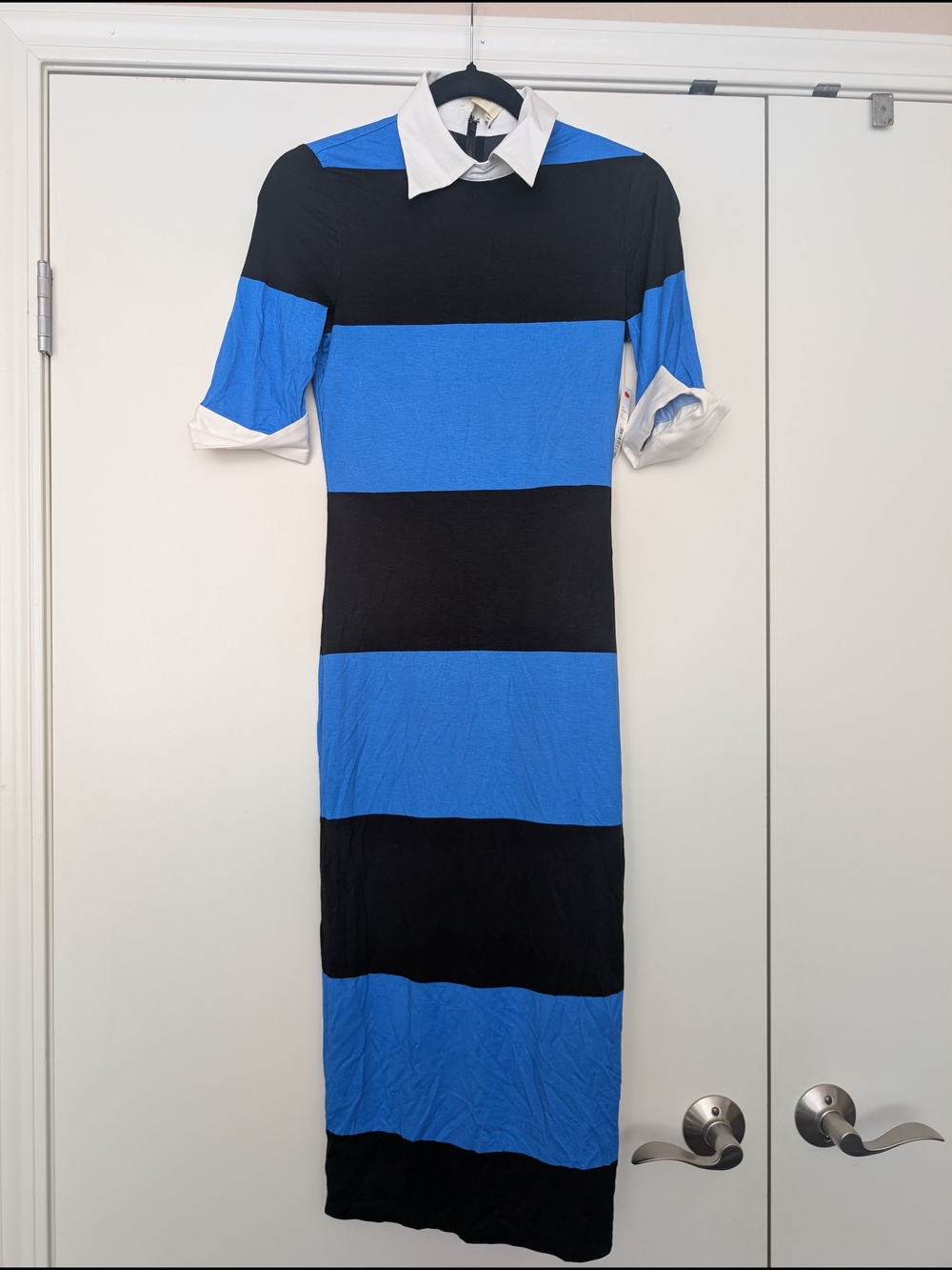 Alice + Olivia Black & Blue Rugby Striped Maxi Dress W/ White Collar NWT Size 2
